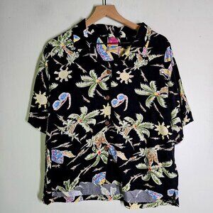 Too‎ Hot Sunwear Hawaiian Button Front Shirt Women's L Black Palm Tree